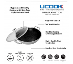 UCOOK Induction Compatible Non Stick Triply Kadhai with Glass Lid (5 litres/ 300 mm)
