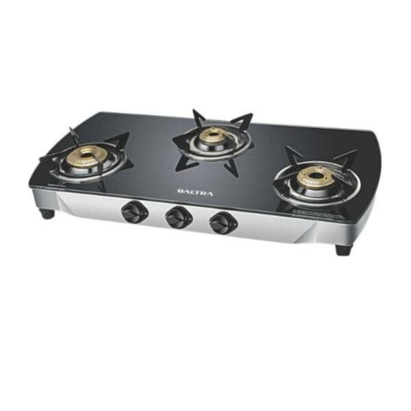 Baltra Gas Stove | Heavy Pan Support Gas Stove | Superior Quality Metal Knob | 3 Burner Glass Cooktop | Premimum+ BGS 178