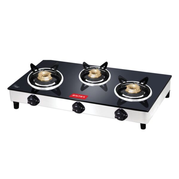 Baltra Nexa 3 3 Burner Gas Stove BGS 145 Baltra Gas Stove | 7mm Tempered Glass with Heat Shield | Stylish and Durable Cooking Surface | 3 Burner Glass Cooktop | Nexa BGS 145